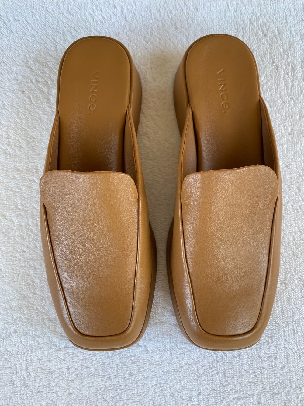 Vince “Raquel” Camel Leather Mule Slides